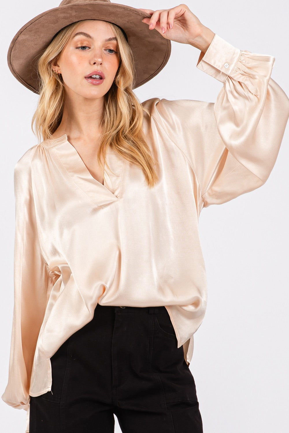 SAGE + FIG Notched Long Sleeve Blouse