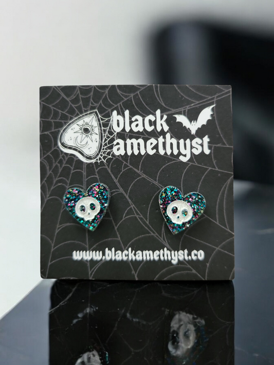 Sparkle Skull Heart Studs